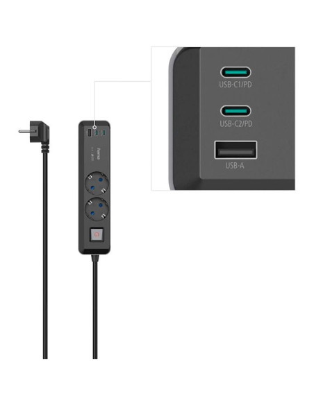 Hama 65W USB-C Power Strip | 2 AC Sockets + 3 USB - TiendaCPU