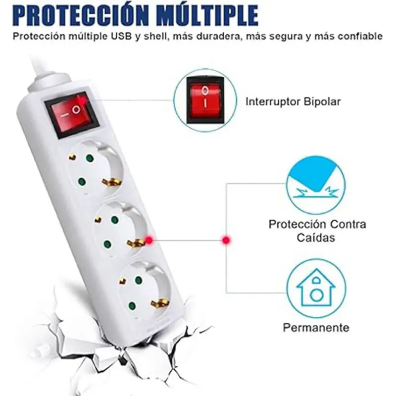 Regleta 3 Tomas Interruptor Contacto a Tierra, 1.4m, Interruptor Bipolar de Encendido/Apagado, Blanco