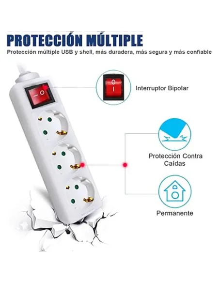 Regleta 3 Tomas Interruptor Contacto a Tierra, 1.4m, Interruptor Bipolar de Encendido/Apagado, Blanco