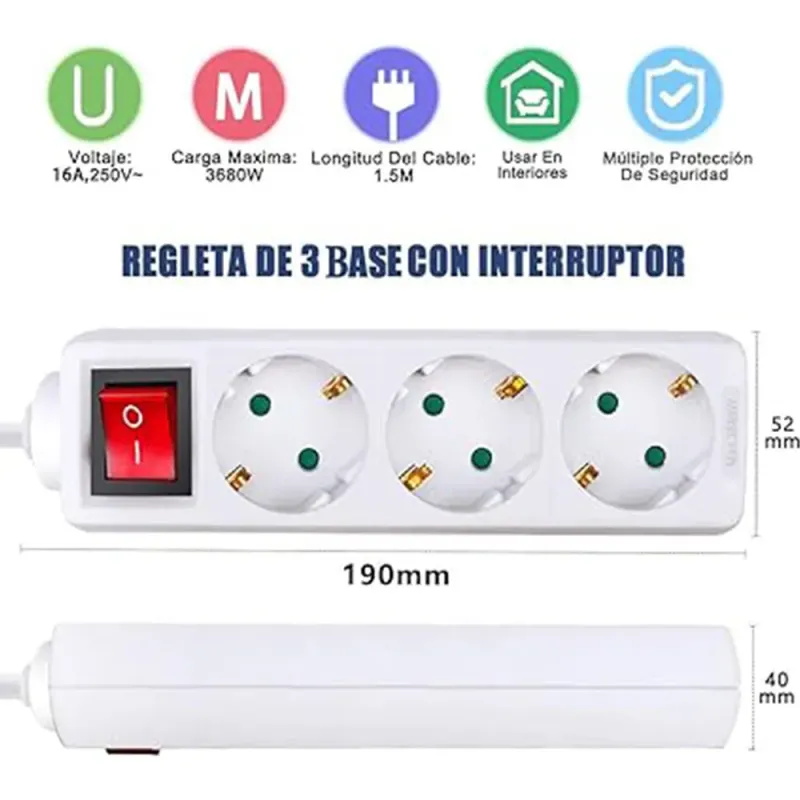 Regleta 3 Tomas Interruptor Contacto a Tierra, 1.4m, Interruptor Bipolar de Encendido/Apagado, Blanco