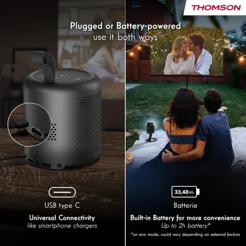 Proyector Thomson Vega PG35B | Portátil con Batería y Google TV