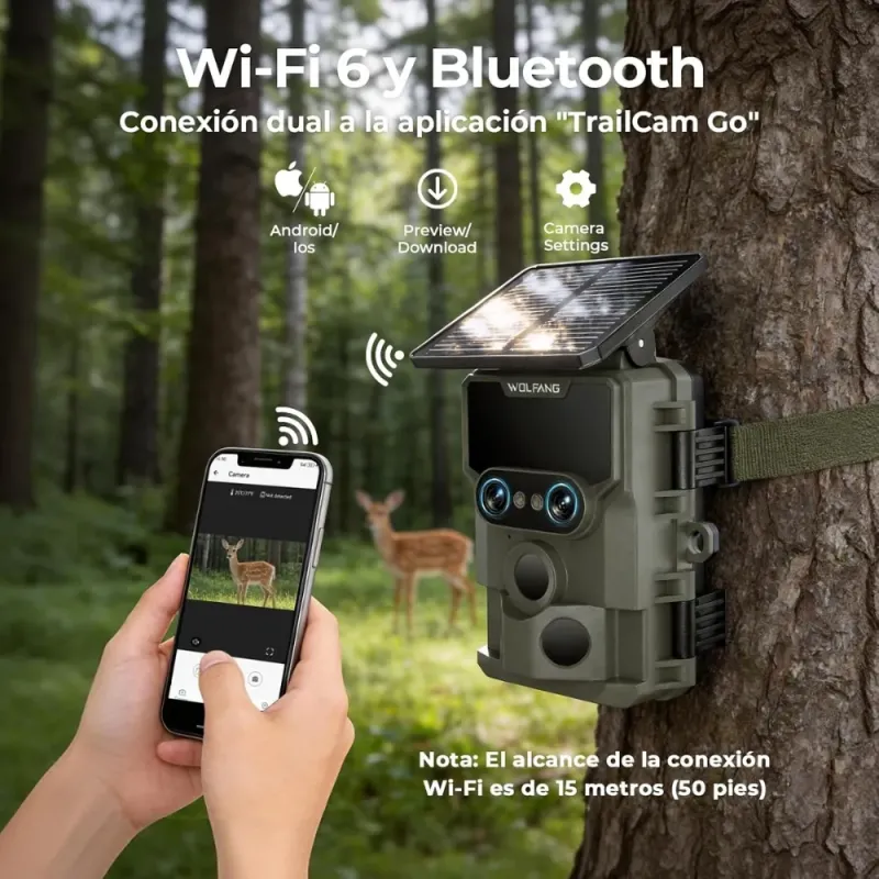 Camara Caza WOLFANG WT09 Solar Lente Dual 64MP 4K Wi Fi