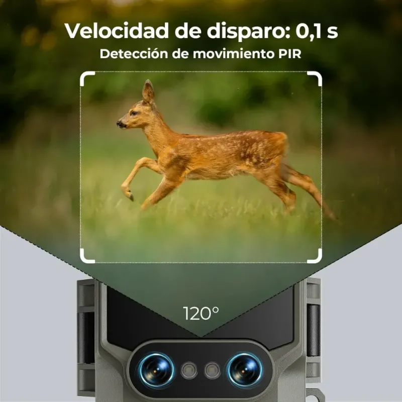 Camara Caza WOLFANG WT09 Solar Lente Dual 64MP 4K Wi Fi