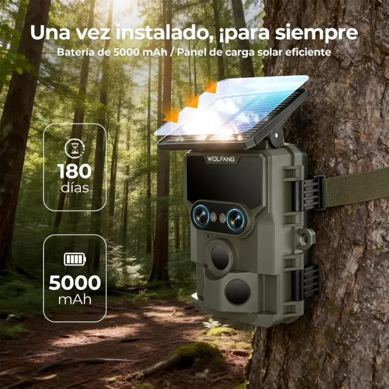 Camara Caza WOLFANG WT09 Solar Lente Dual 64MP 4K Wi Fi
