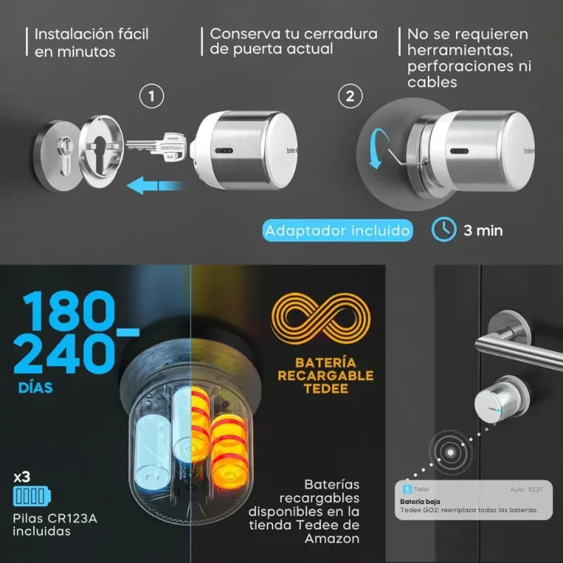 Tedee GO2 Alu Silver Smart Lock TLV2.0 | Bluetooth Matter Keyless
