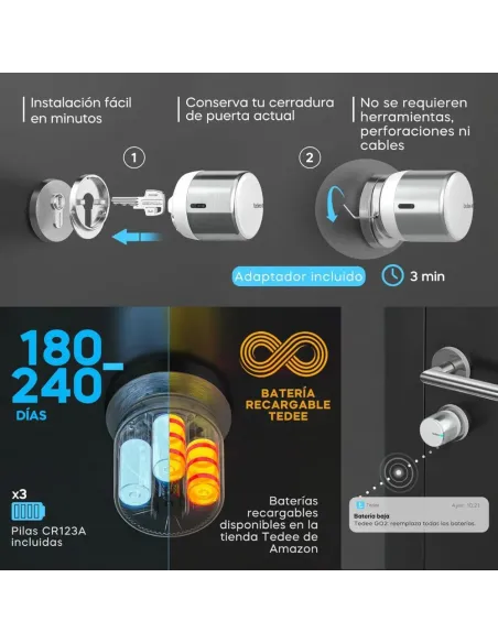 Tedee GO2 Alu Cerradura Inteligente Plata TLV2.0 | Bluetooth Matter